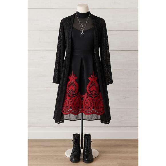 Love Culture Black Mesh Skirt Red Ribbon Embroidery Size Small Romantic Goth - Picture 2 of 14